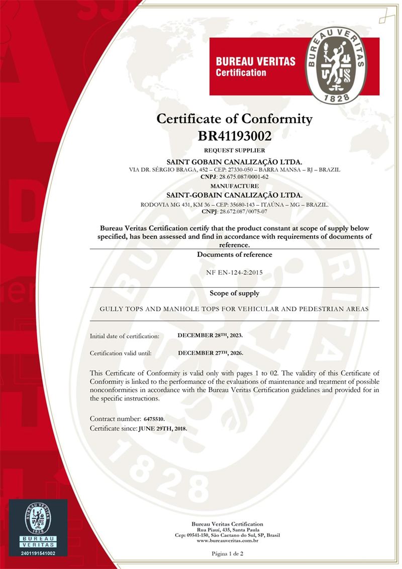 Bureau Veritas certificate of conformity BR41193002, page 1
