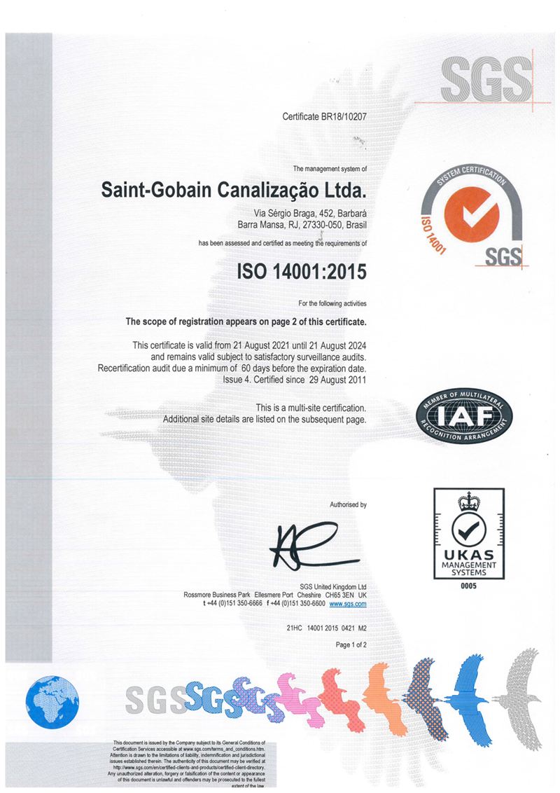 SGS ISO 14001:2015 certificate
