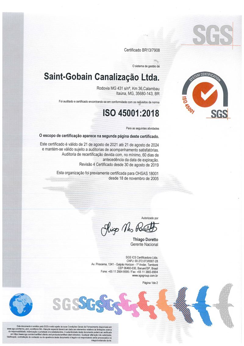 SGS ISO 45001:2018 certificate