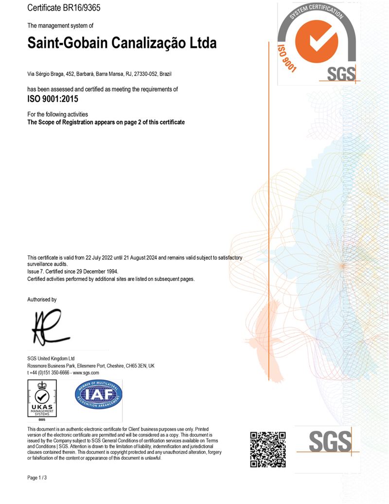 SGS ISO 9001:2015 certificate, page 1